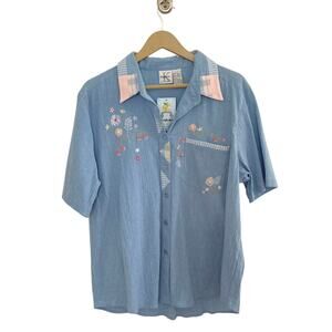 Vintage Light Blue Cottage Core Embroidered Blouse